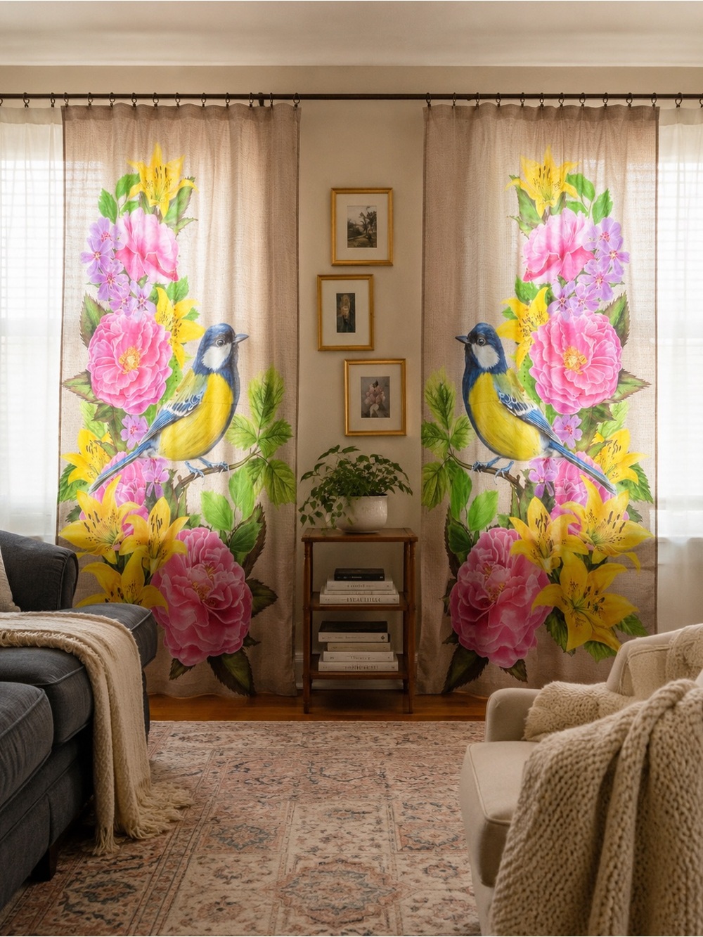 Floral Bird Print Window Curtains in Pink and Yellow